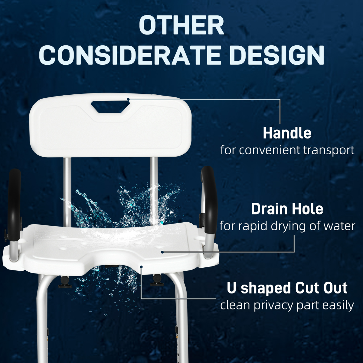HOMCOM Adjustable Height Shower Stool with Suction Feet, High Back, Padded Arms and Drainage Seat for Elderly and Disabled