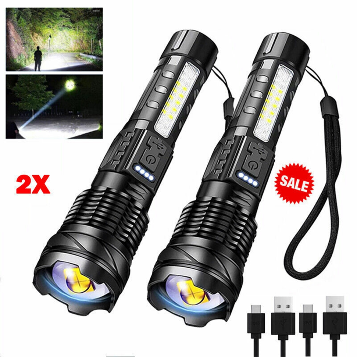 (2Pack)USB Rechargeable LED Flashlight Adjustable Focus Camping Hiking Outdoor Flashlight Work light