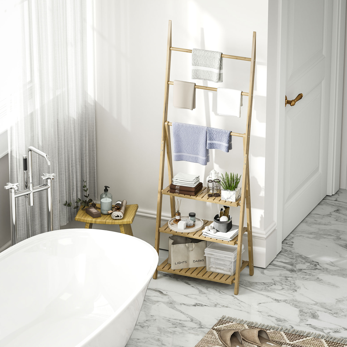 HOMCOM 3-Tier Folding Bamboo Bathroom Shelf with Towel Bars