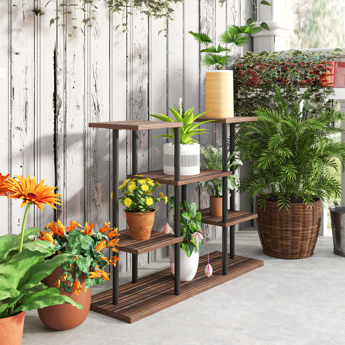 Outsunny 4-Tier Metal & Wood Flower Shelf Rack, Carbonised Finish