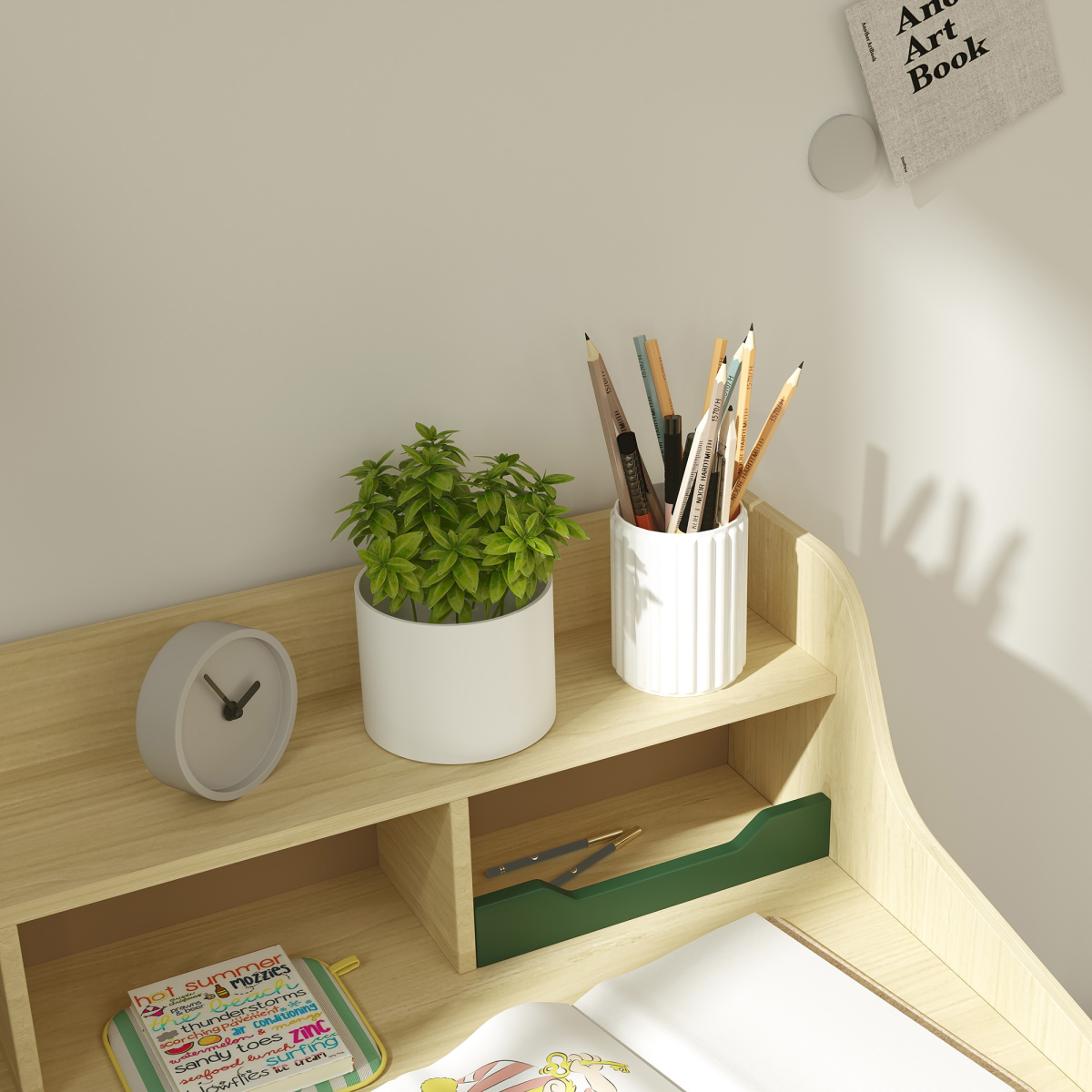 AIYAPLAY Kids Desk and Chair Set with Storage Shelf and Drawer, Green