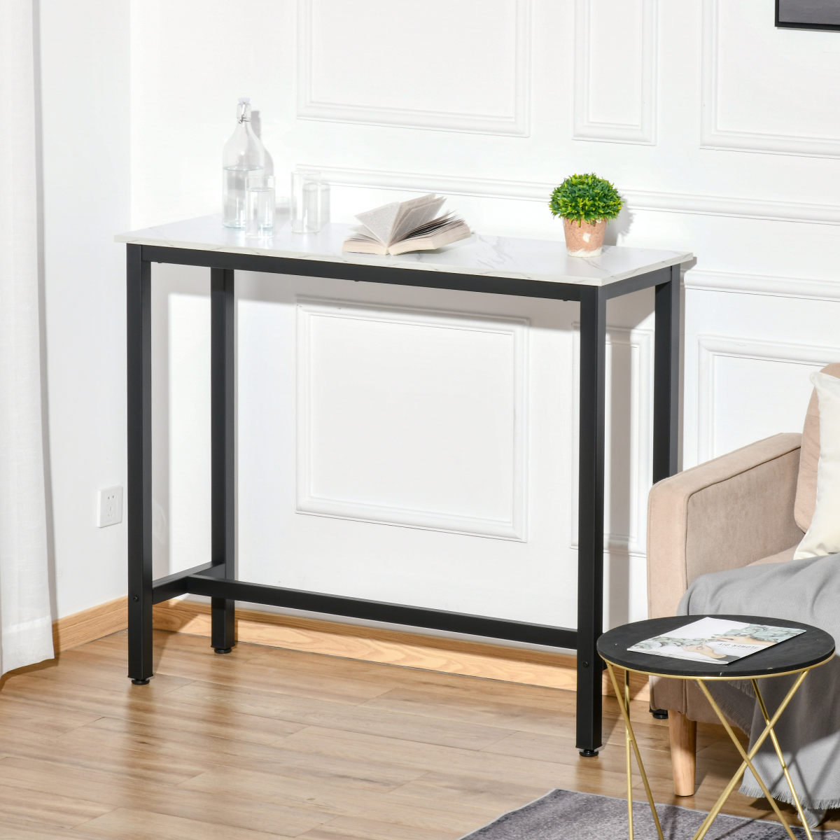 Marble Grain Bar Table with Adjustable Footpads, White & Black