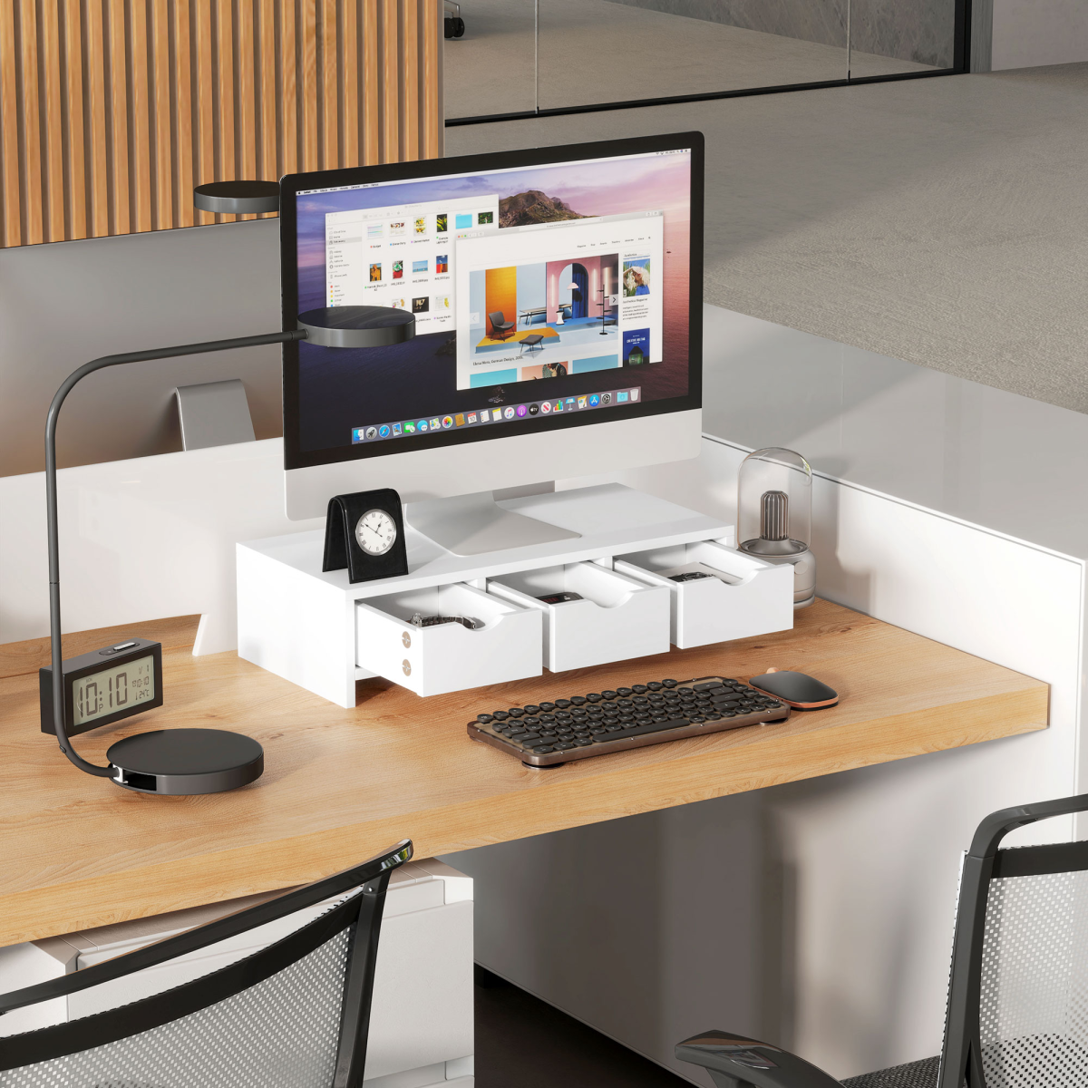 HOMCOM White Monitor Stand Riser with 3 Drawers, Wire Slot
