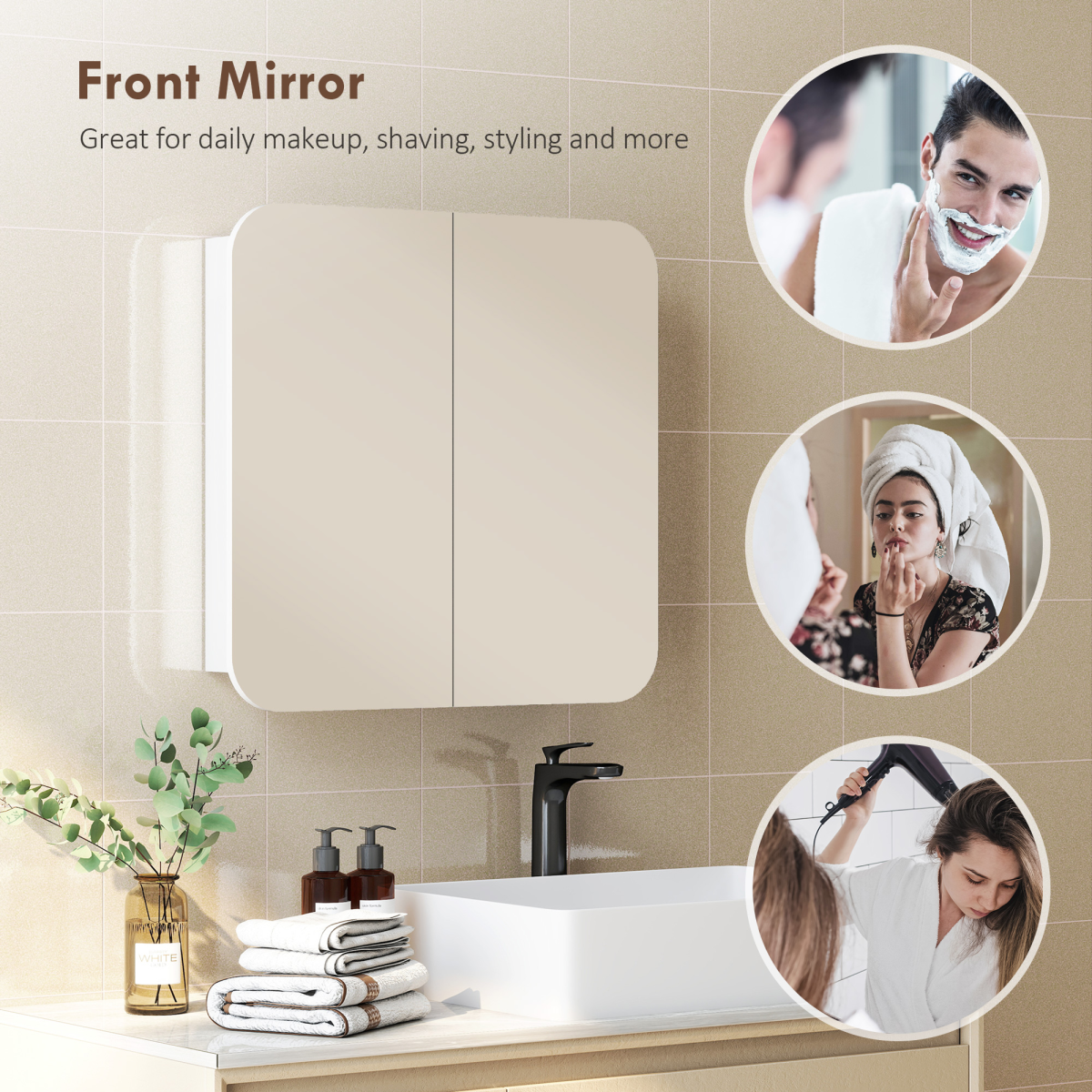 HOMCOM Arched Wall-Mounted Bathroom Mirror Cabinet, White