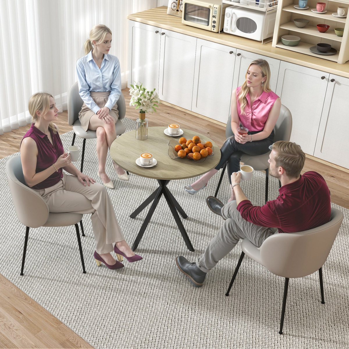HOMCOM 80cm Round Dining Table, White Oak Effect with Steel Legs