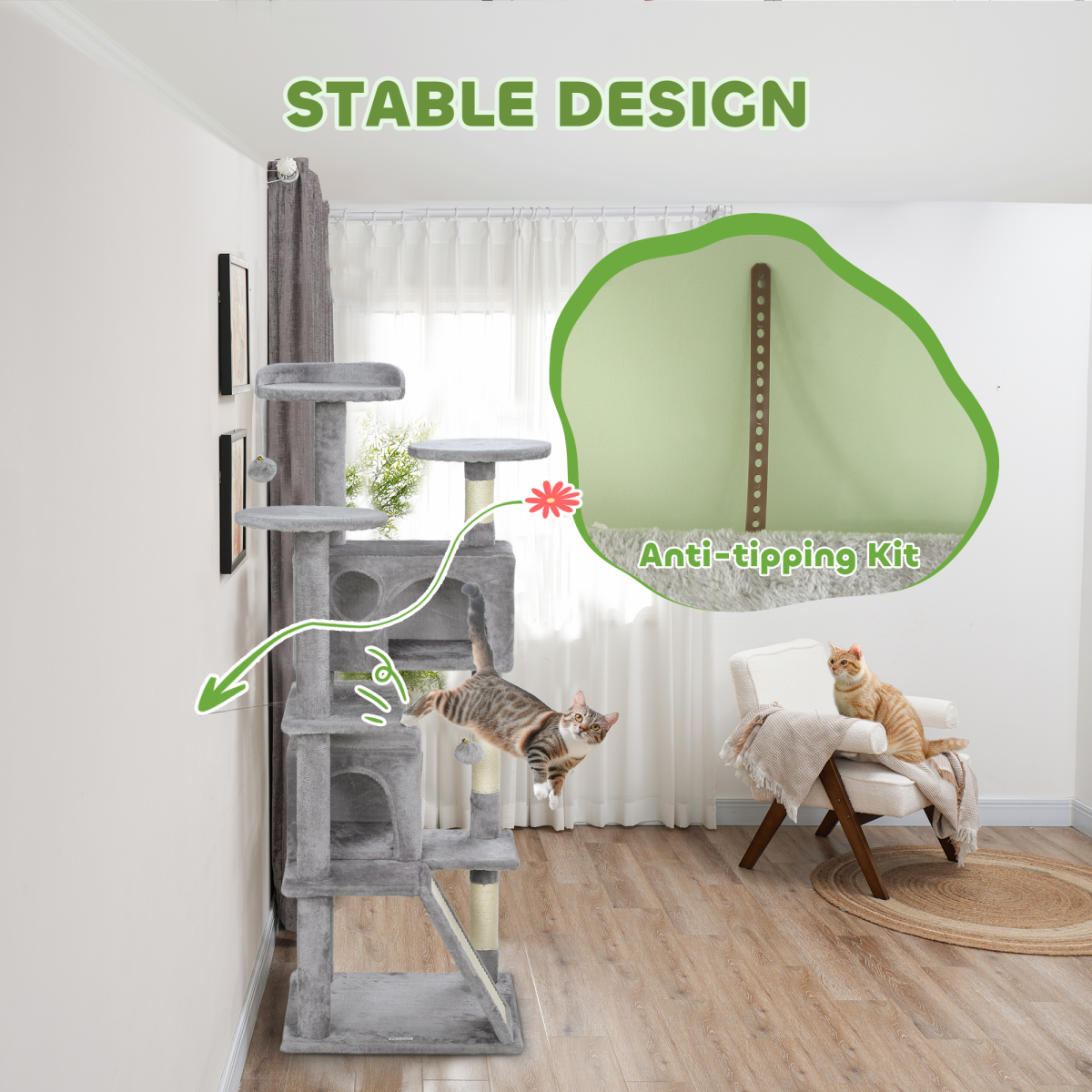 PawHut 138cm Cat Tree with Condos, Bed and Scratching Posts, Light Grey