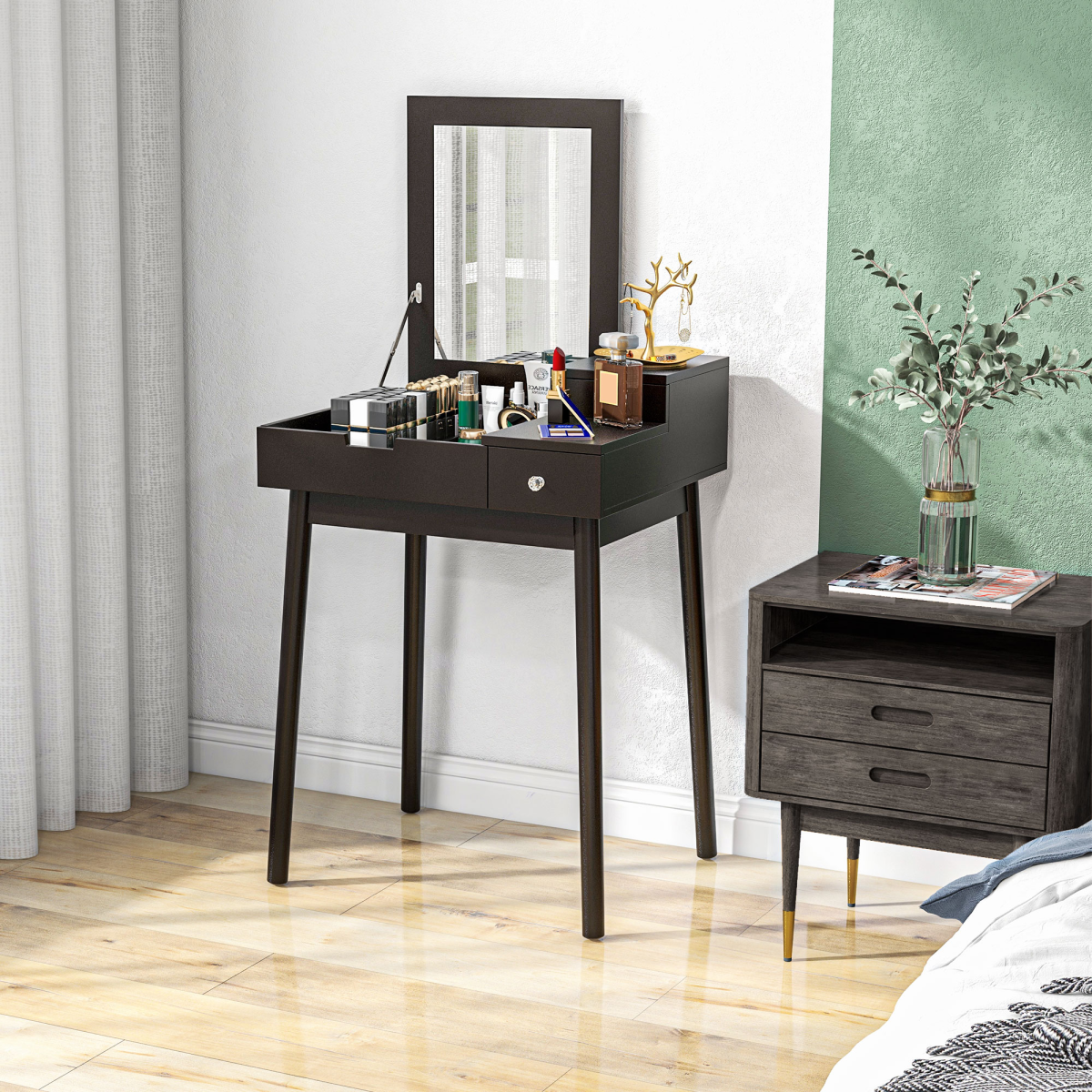 HOMCOM Black Dressing Table Vanity Desk with Flip-Up Mirror, 2 Drawers