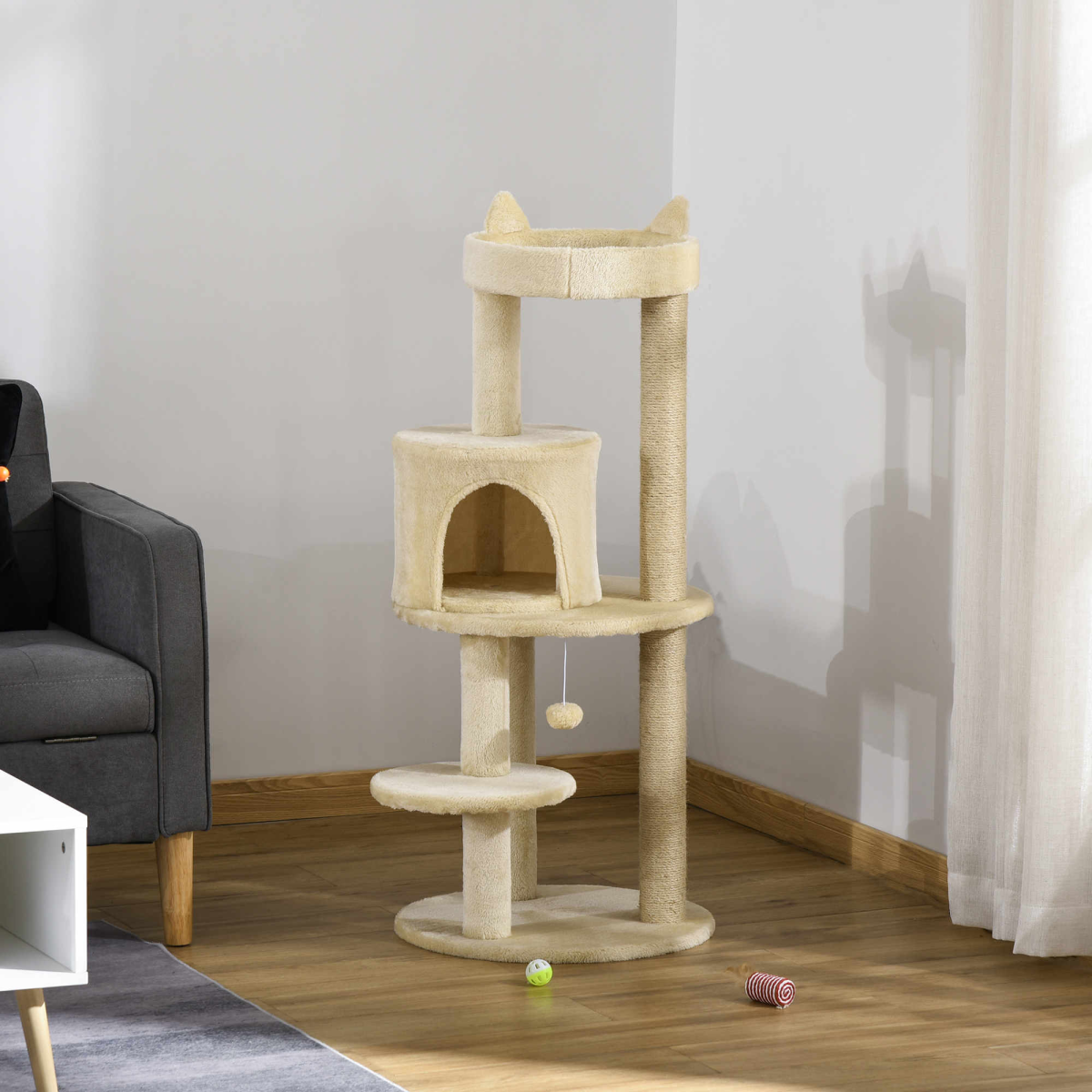 3-Tier Deluxe Cat Activity Tree Scratching Posts Kitten Beige Pawhut