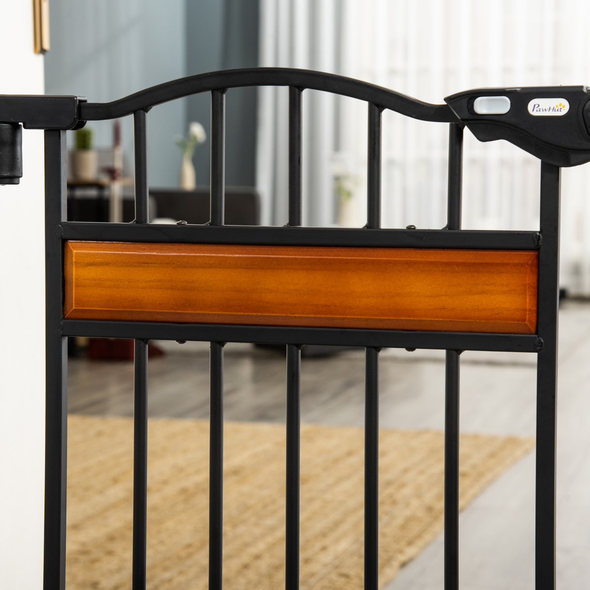 PawHut Dog Safety Gate with Cat Door, Auto-Close, Steel Frame, Pine Decor, 74-80 cm Wide