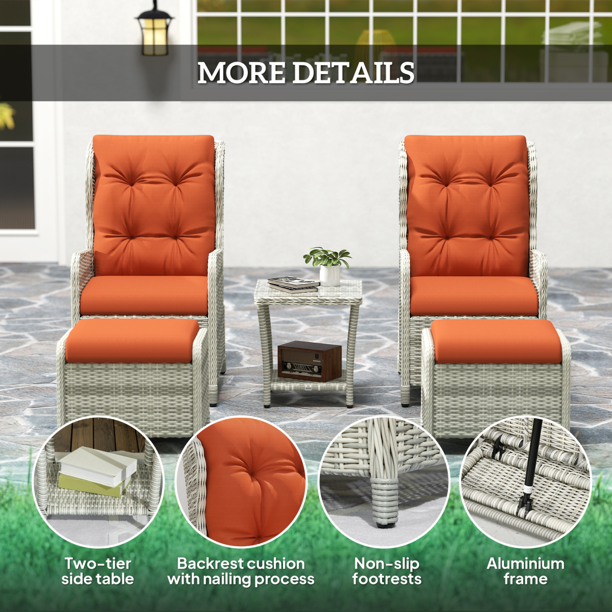 Outsunny 5-Piece Orange Rattan Reclining Garden Furniture Set