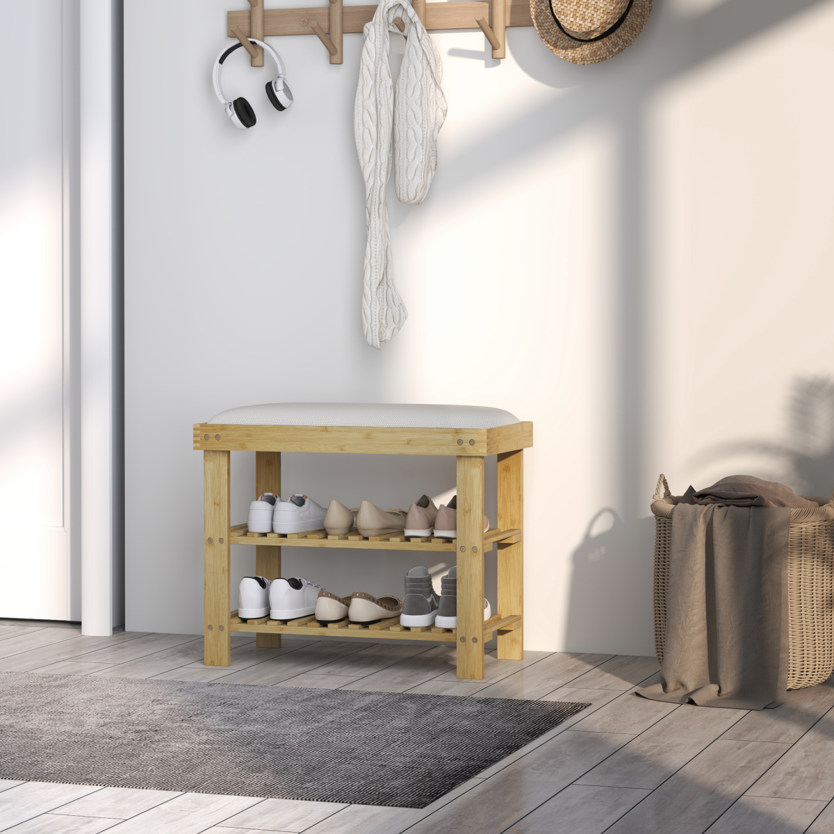 HOMCOM Bamboo 2-Tier Shoe Storage Bench with Cushion, Cream White