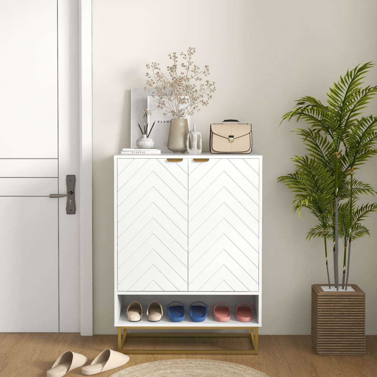HOMCOM Shoe Cabinet with 2 Chevron Doors, Adjustable Shelf, Holds 12 Pairs, White and Gold Tone