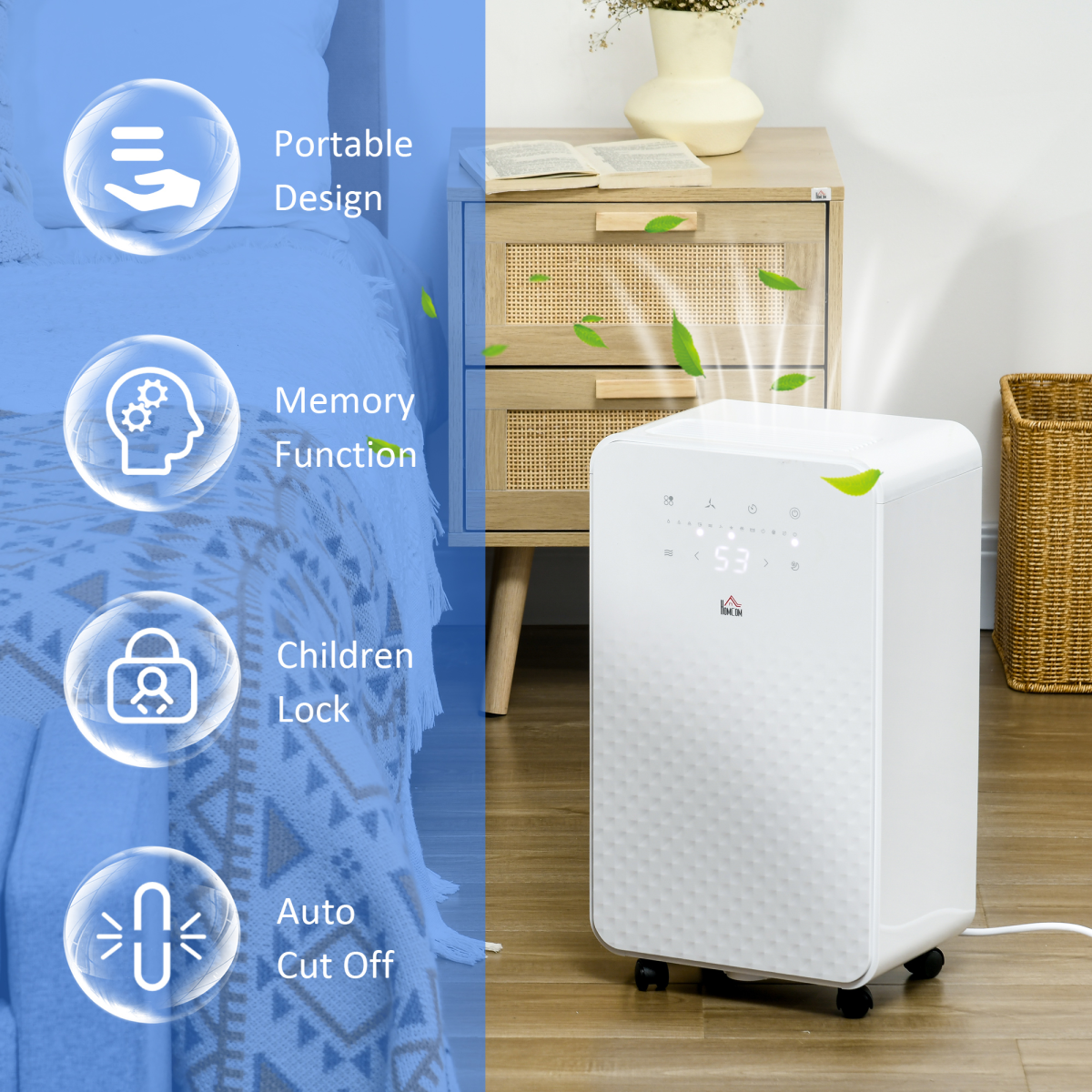 HOMCOM 10L/Day Quiet Dehumidifier with Purifier, 5 Modes, Timer