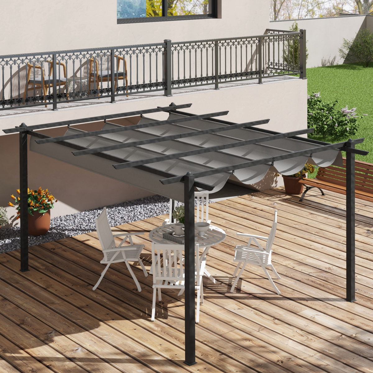 Outsunny 4 x 3(m) Aluminium Pergola Gazebo Garden Shelter w/ Retractable Roof
