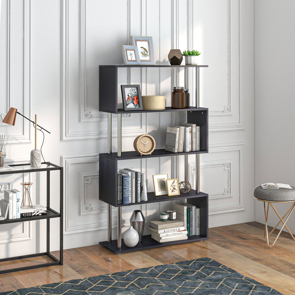 HOMCOM Modern S-Shaped Wooden Bookshelf Room Divider Storage Display Unit Black