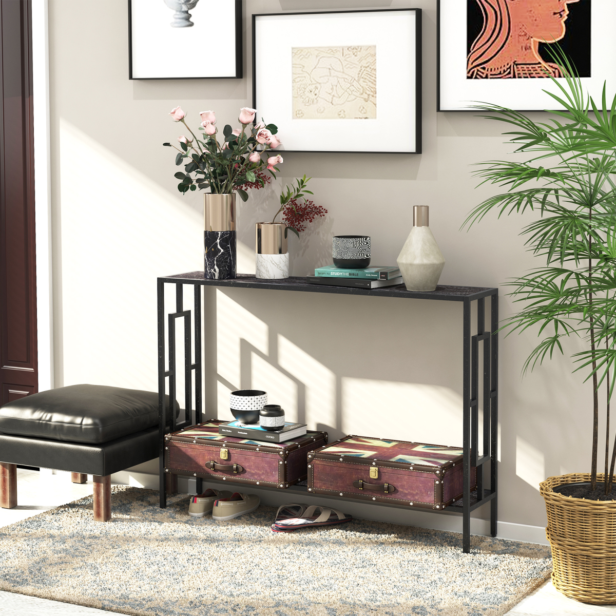 HOMCOM Console Table with 2 Shelves, Particle Board and Metal Frame, Art Deco Style, 76x106cm