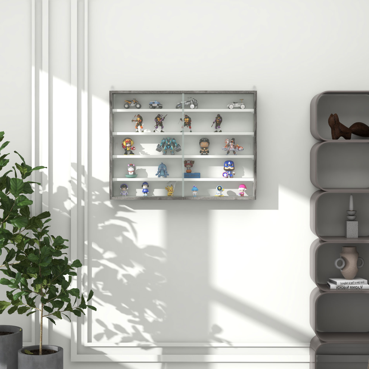 HOMCOM 5-Tier Wall-Mounted Display Cabinet with Glass Doors, Grey