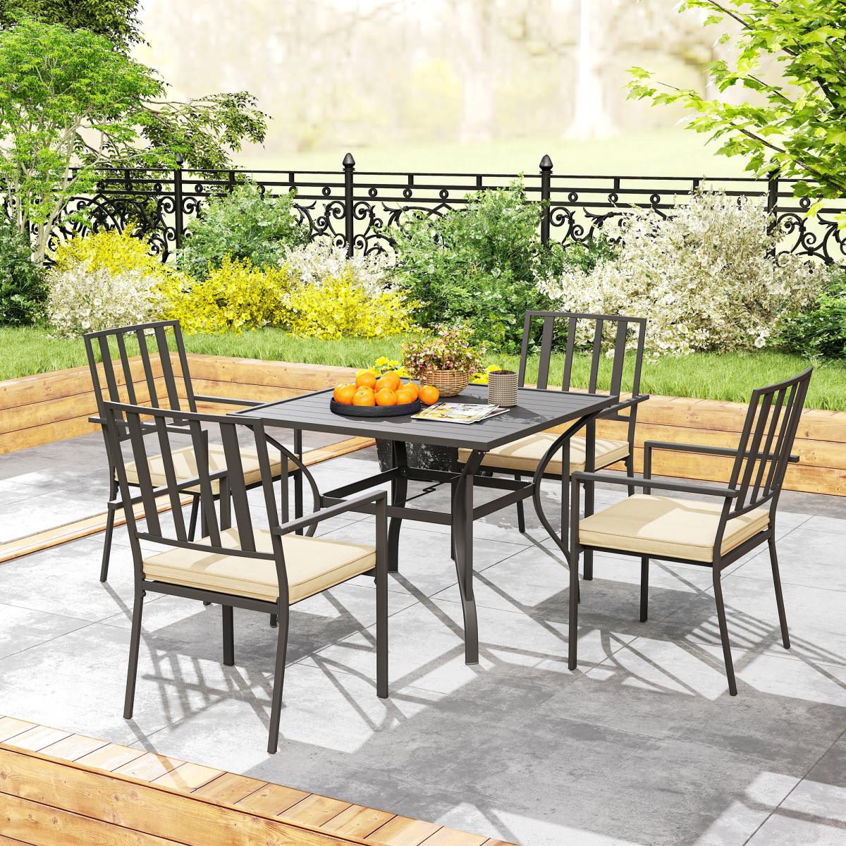 Outsunny 5-Piece Outdoor Garden Dining Set with 4 Stackable Cushioned Armchairs and Metal Table
