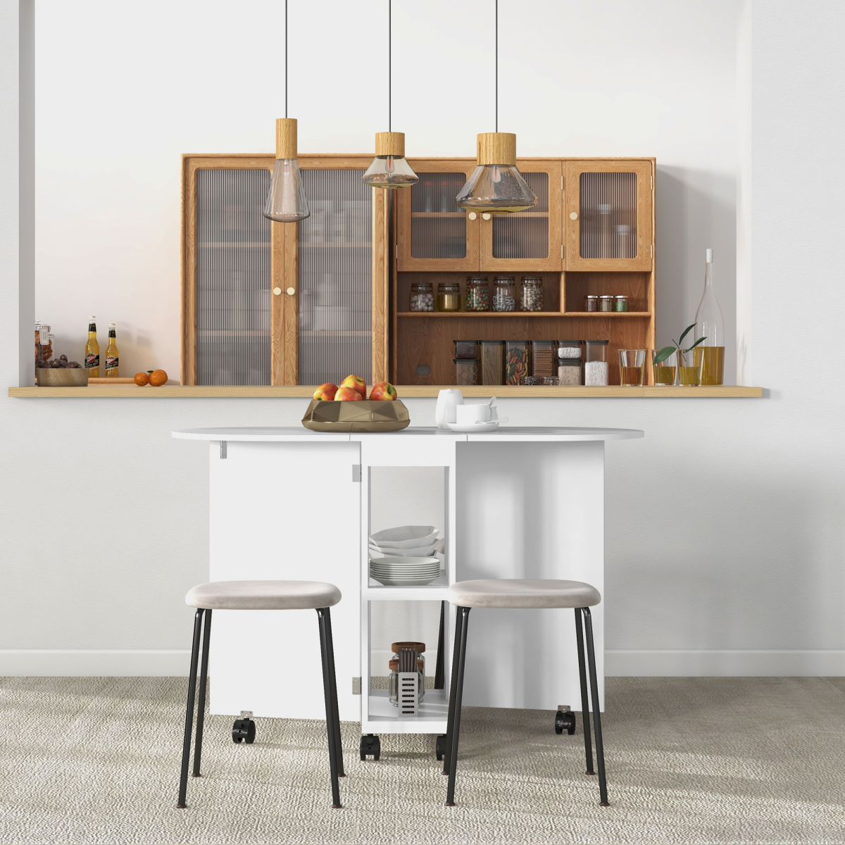 HOMCOM Folding Drop Leaf Dining Table with 2-Tier Shelves, White