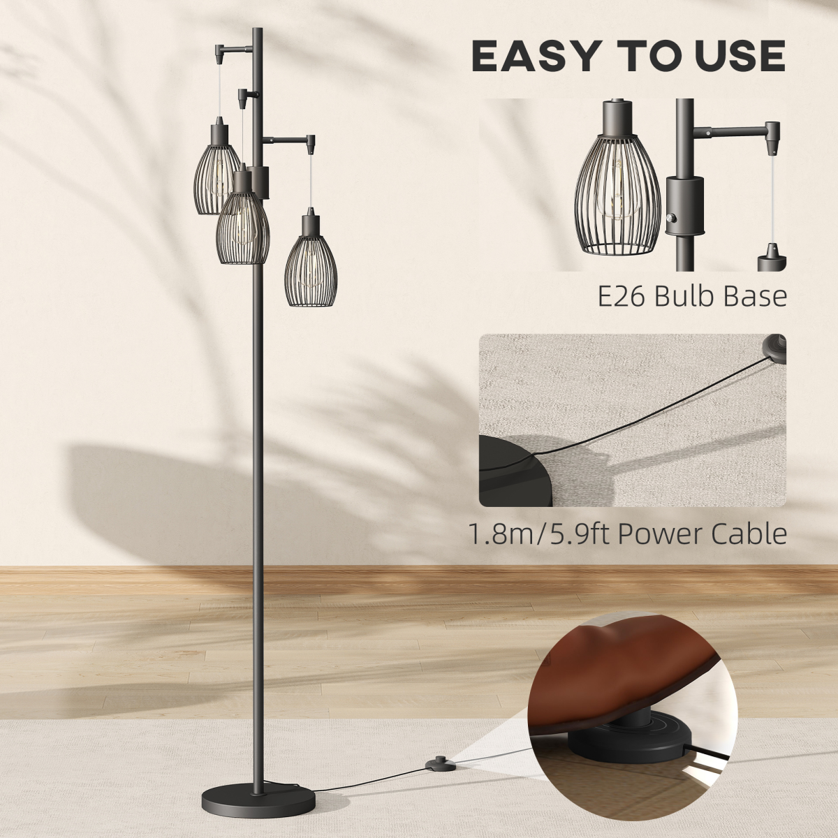 HOMCOM Industrial 3-Light Dimmable Floor Lamp, Black, 2700K