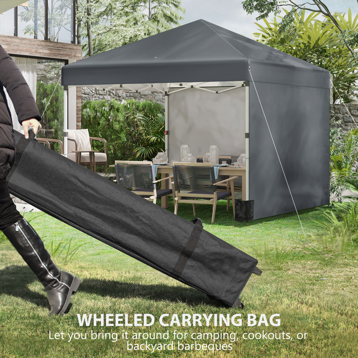 3 x 3m Pop Up Gazebo with 2 Removable Sidewalls, Adjustable Height, Sandbags, Guy Ropes and Ground Stakes, Dark Grey