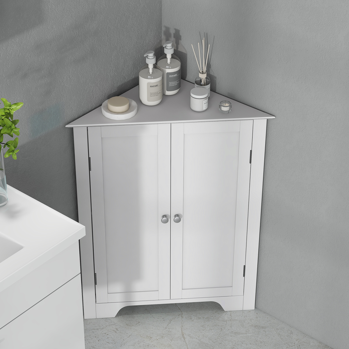 Corner Bathroom Cabinet with Recessed Doors & Adjustable Shelf, White