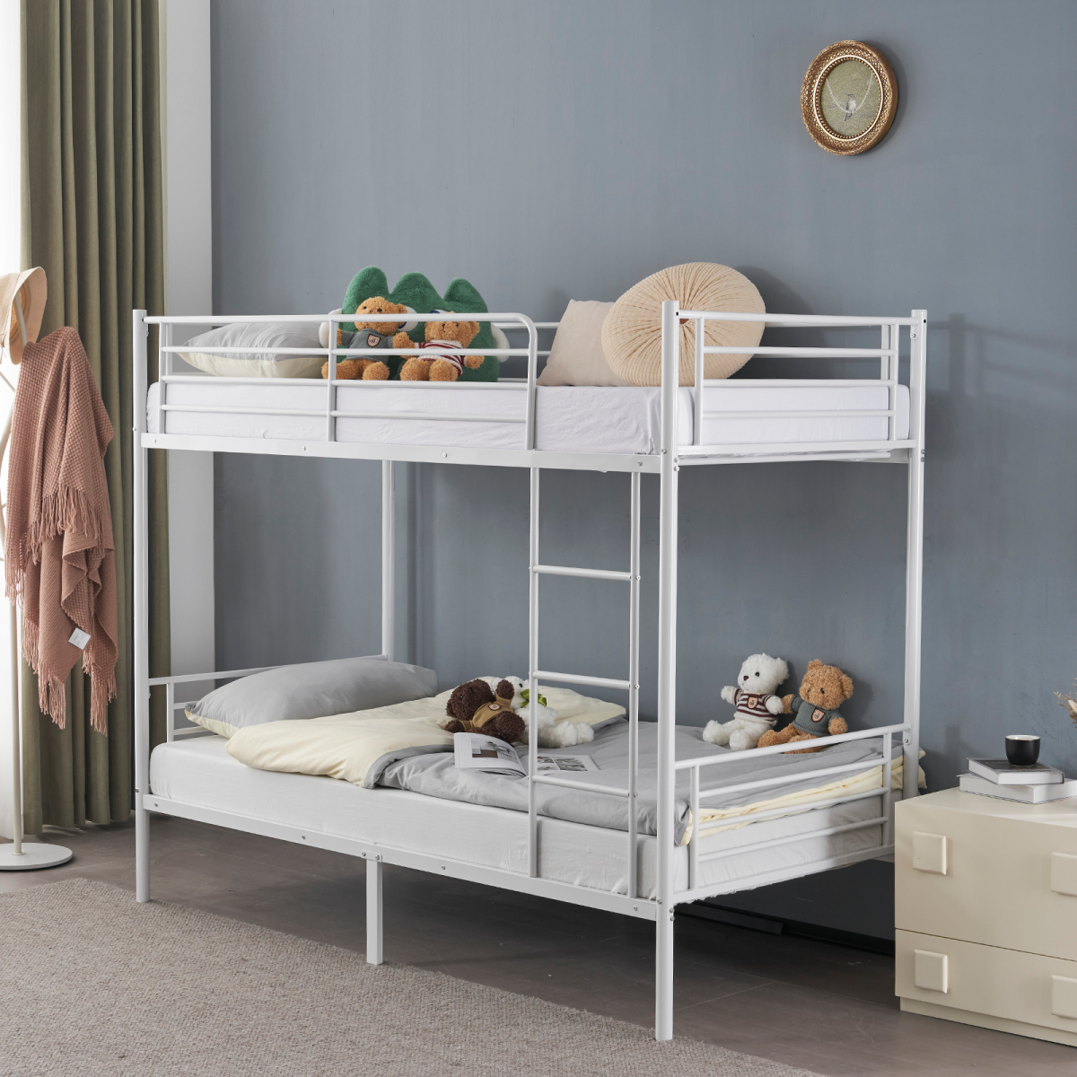 【Same Code:99091194】Twin Over Twin Bunk Bed for Kids Teens Adults, Heavy Duty Metal Bunk Bed with Ladder & Full-Length Guard Rail & Storage Space, White