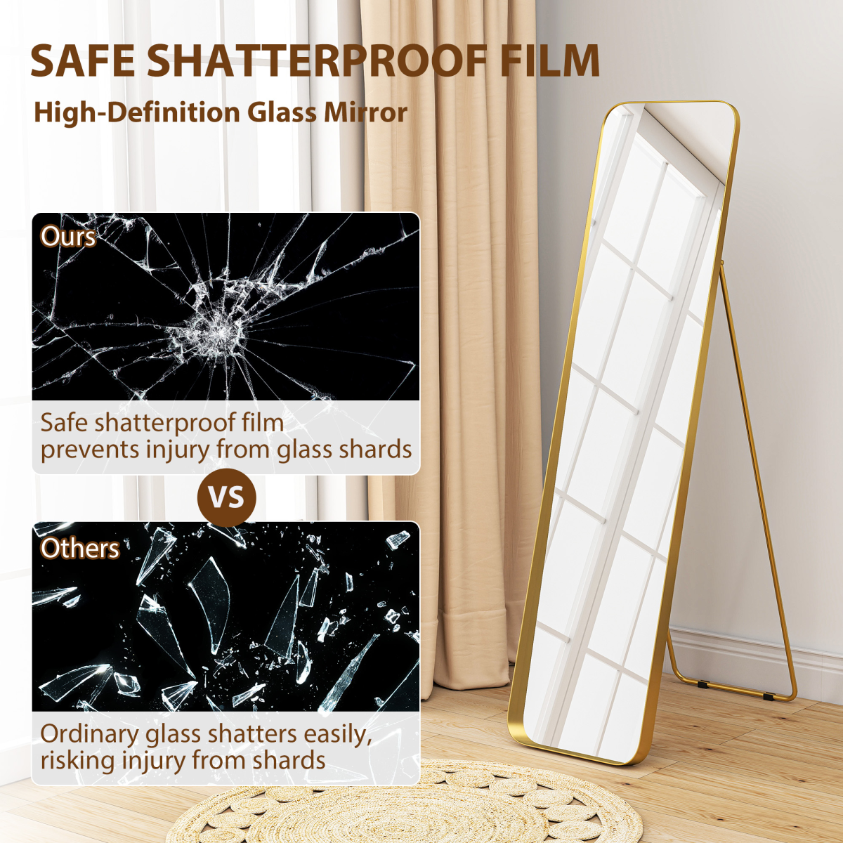 HOMCOM Rectangular Full-Length Mirror, Gold Tone, 40 x 160 cm