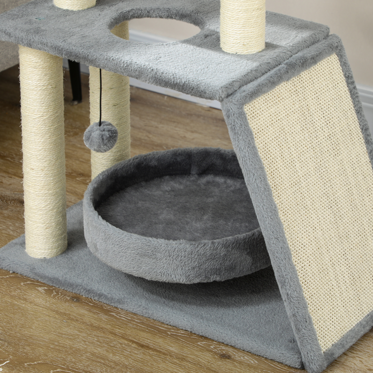 PawHut Light Grey Indoor Cat Tree Tower with Scratching Posts & Toy Ball