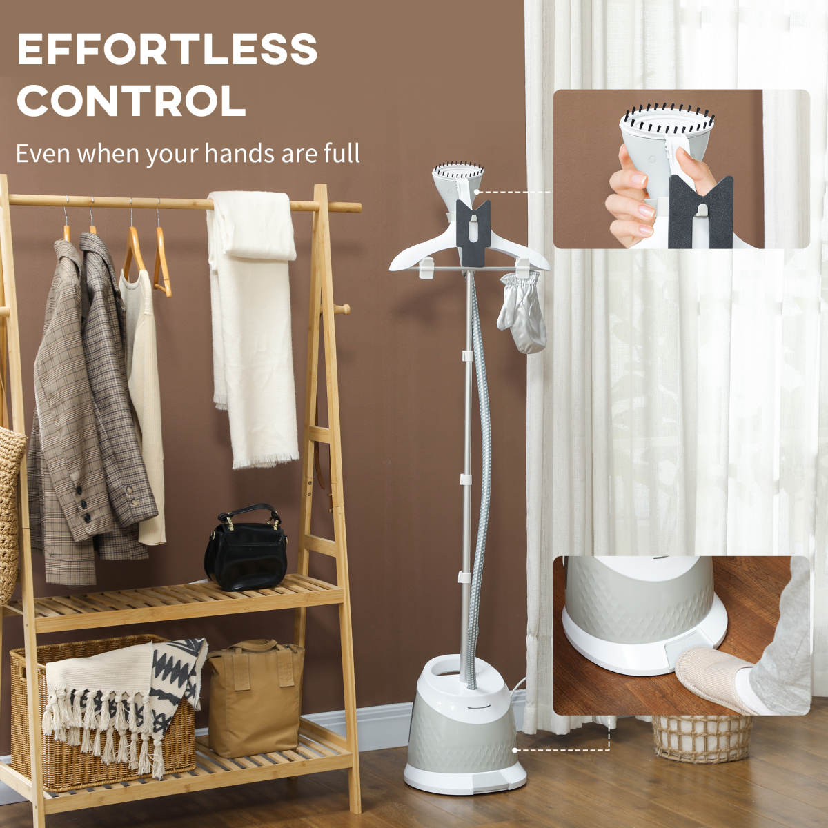 HOMCOM 1800W Garment Steamer with 1.8L Tank, 50-Minute Steam, Clothes Wrinkle Remover, Light Grey