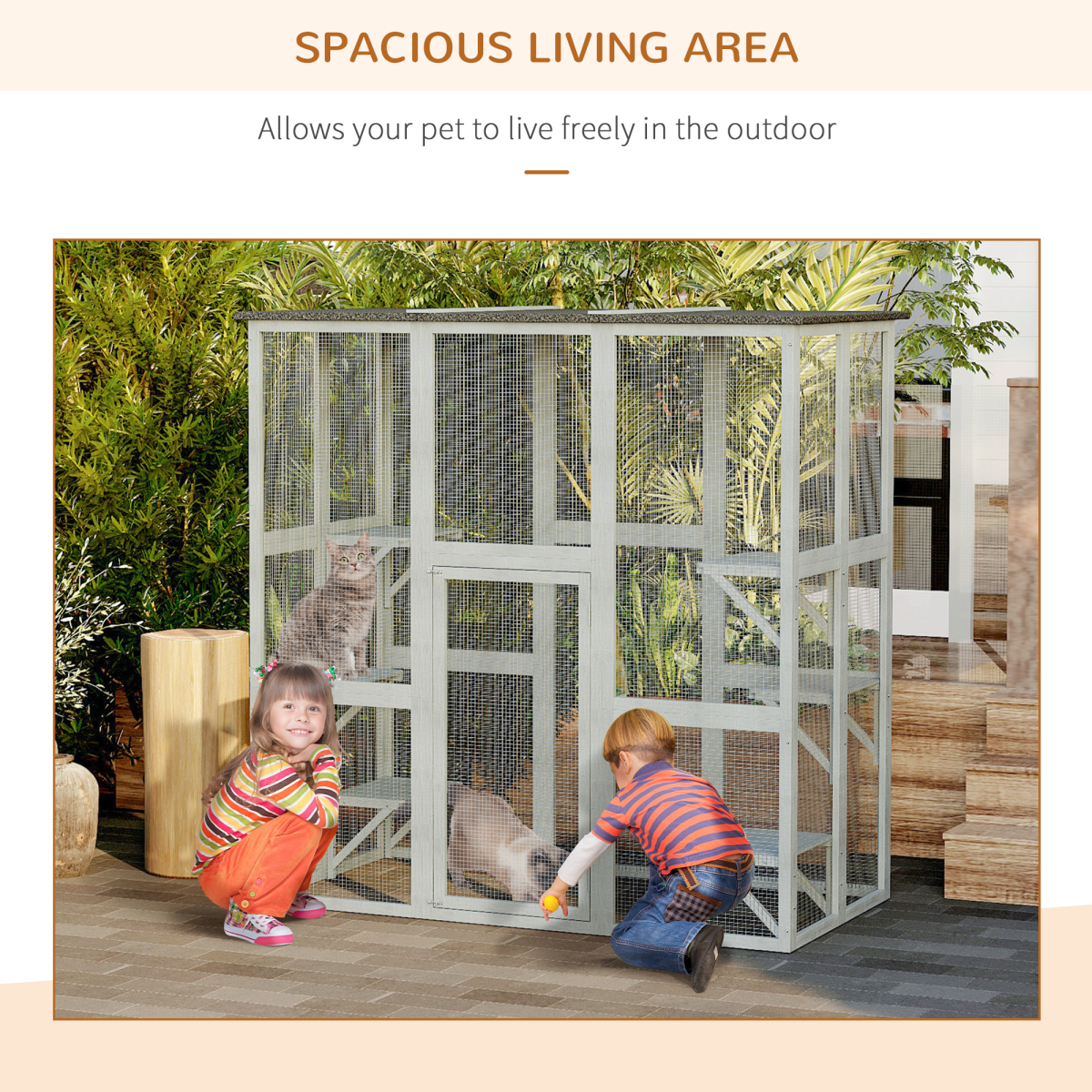PawHut Wooden Catio with Platforms, Weatherproof Cat Enclosure