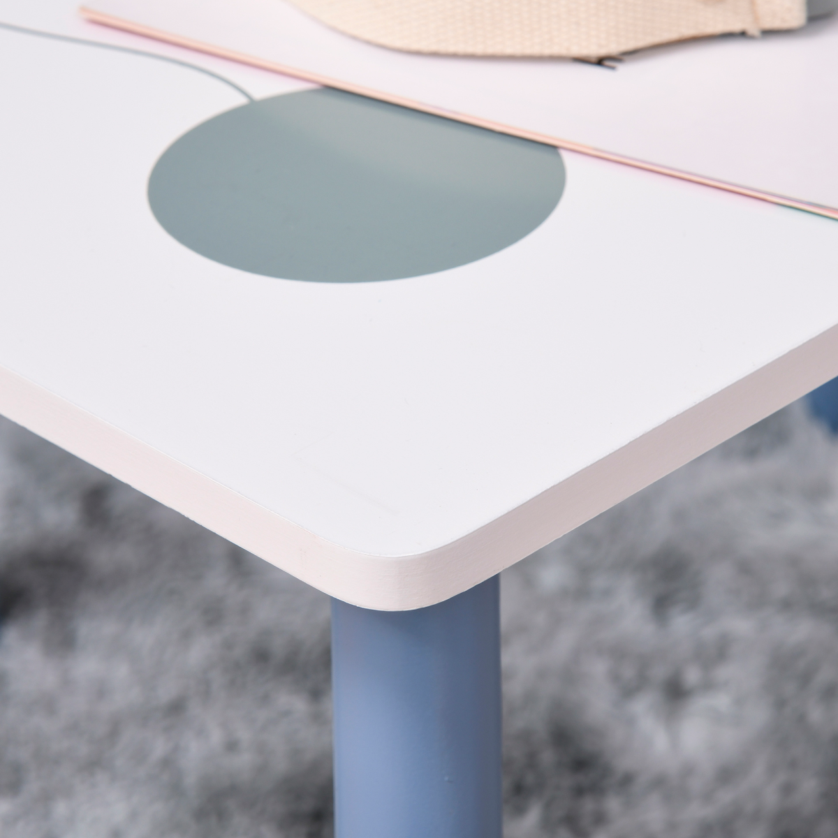 3 Piece Kids Table and 2 Chairs Set, White and Blue Stars and Balloon Design, Pine Wood Legs, Rounded Edges