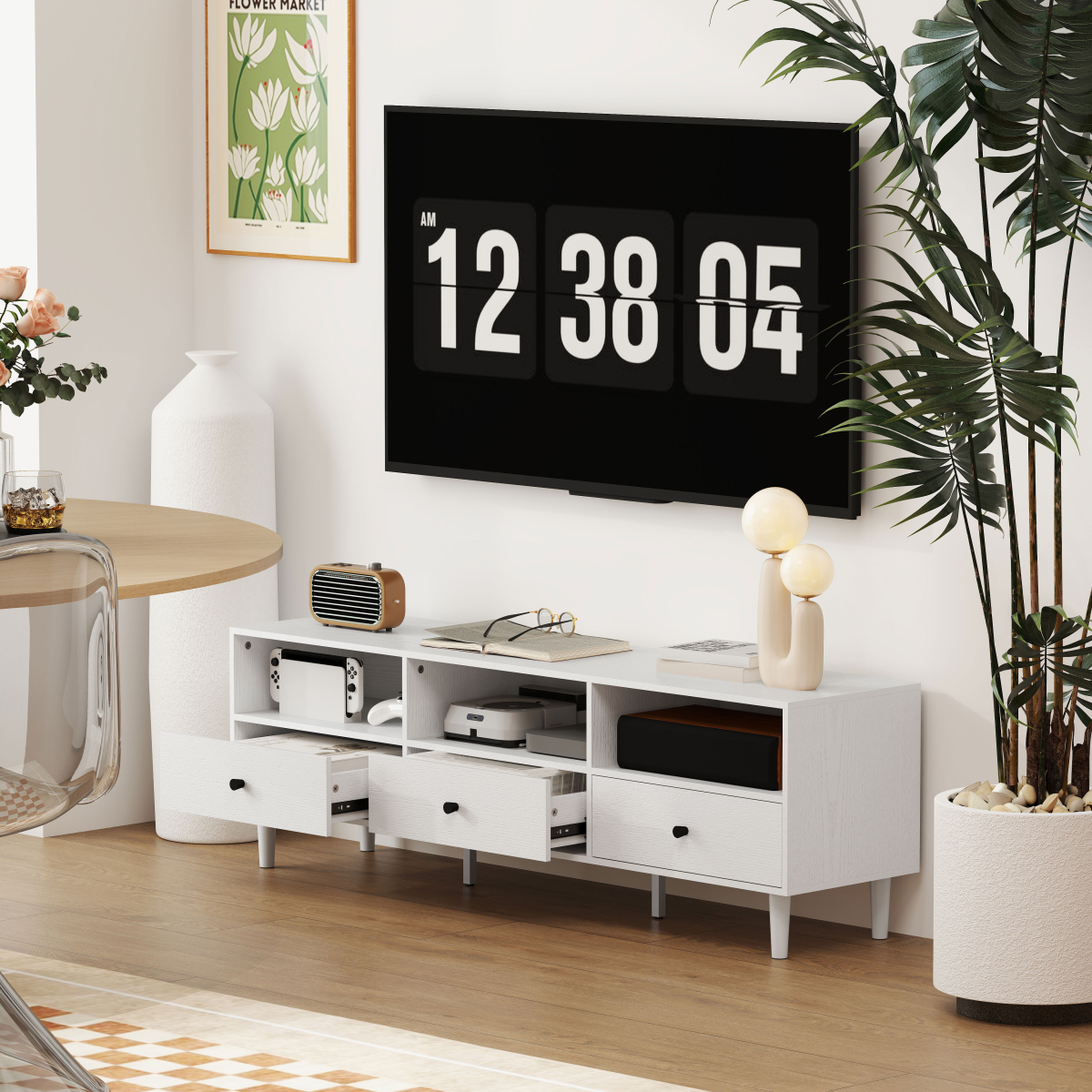 HOMCOM White TV Unit for Up to 75", 3 Drawers, 3 Shelves
