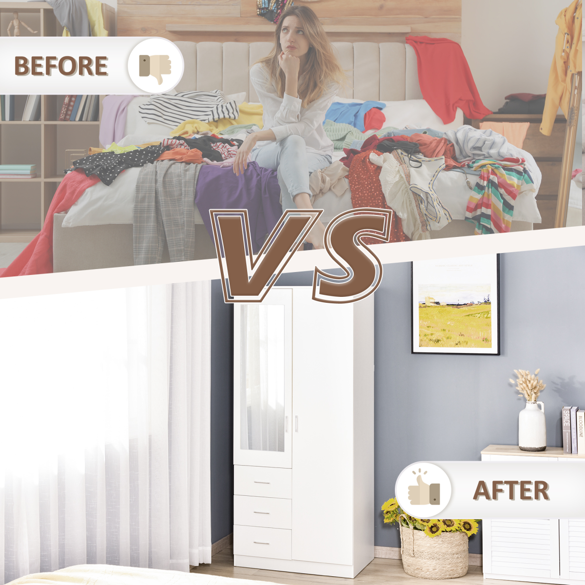 White 2-Door Wardrobe with Mirror, 3 Drawers, Shelves & Rail