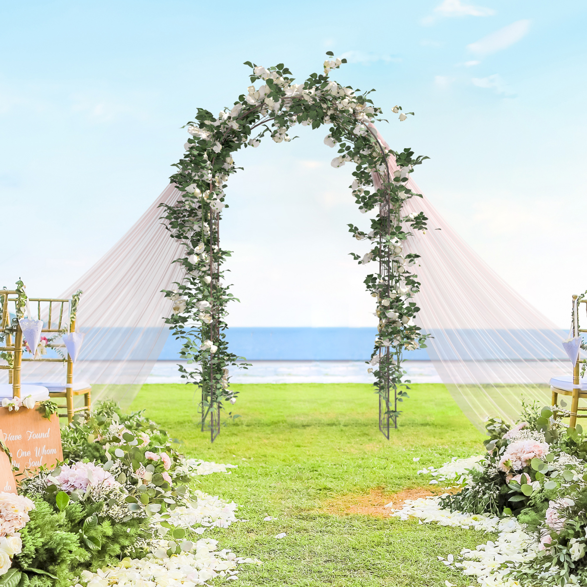 Outsunny 226 cm Metal Garden Arch with Scroll Design and Plant Support, Black Epoxy