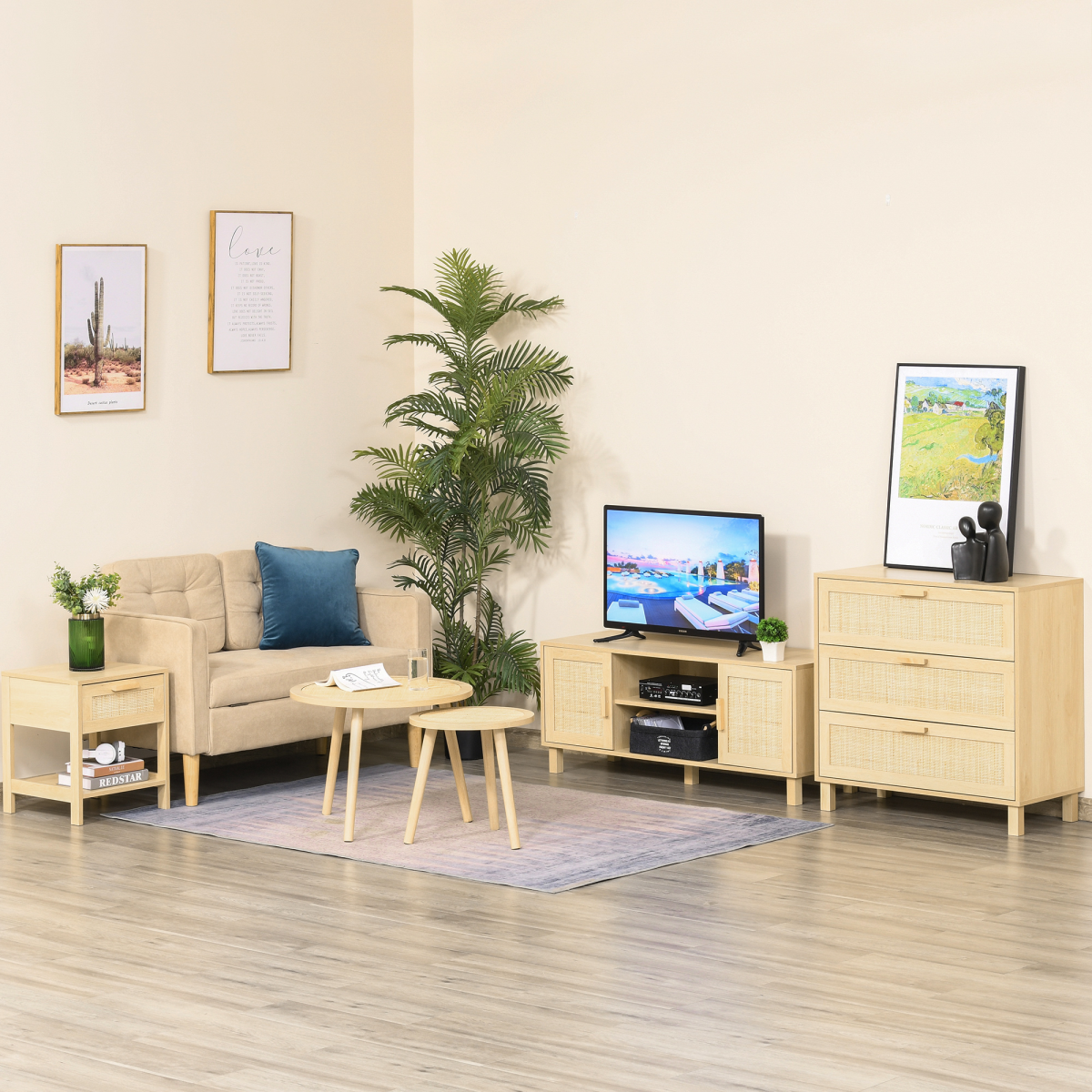 Rattan Nightstand with Drawer & Shelf, Wood-Effect Bedside Table