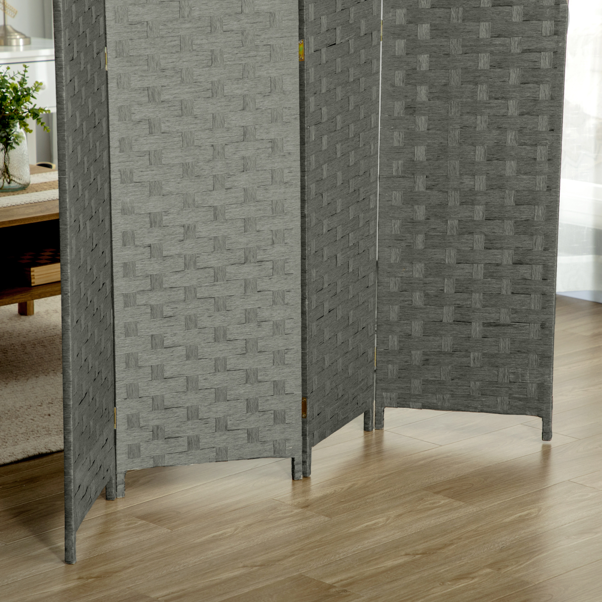 4-Panel Foldable Wave Fibre Room Divider Privacy Screen, Grey