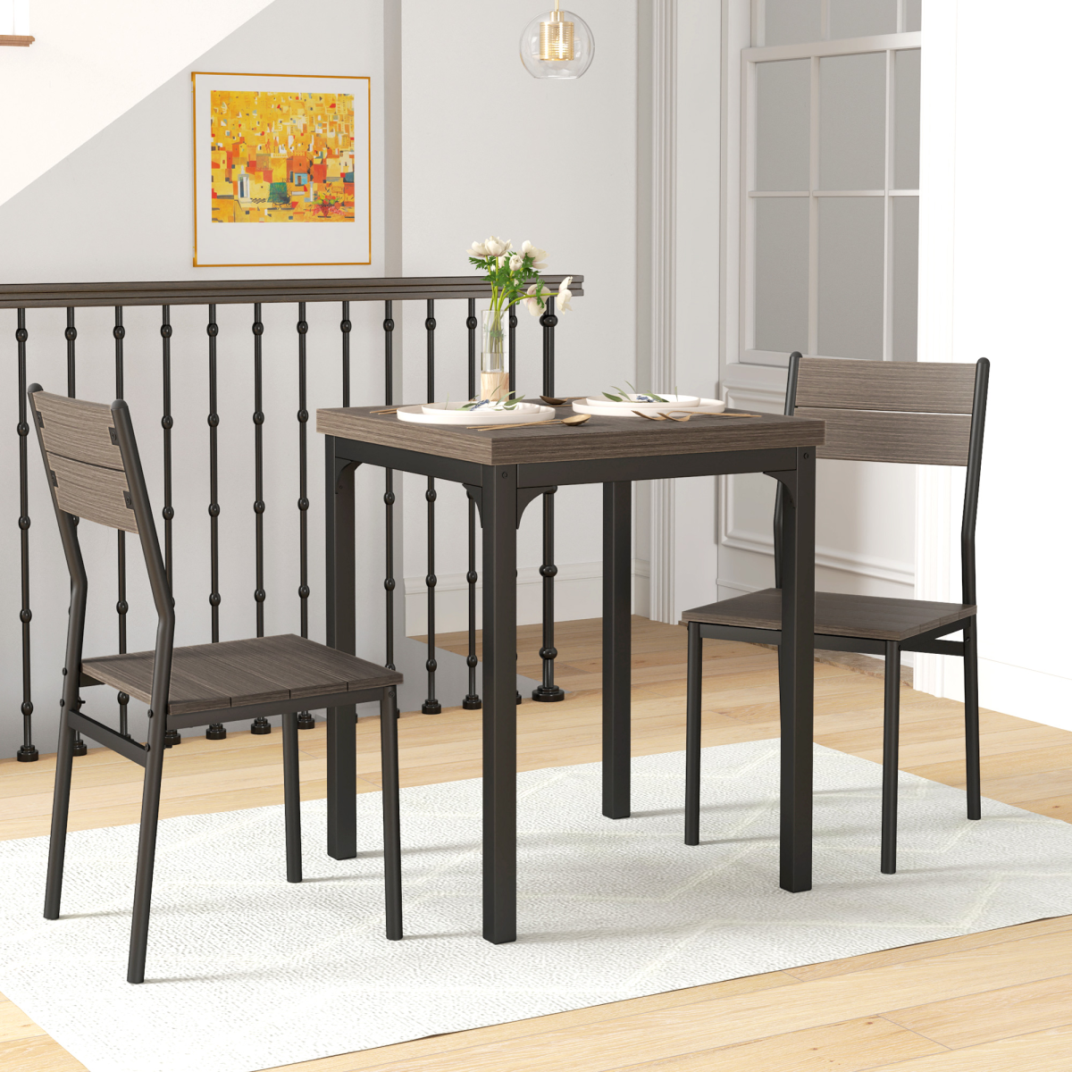 HOMCOM Compact Dining Table and 2 Chairs Set, Grey Wood Grain