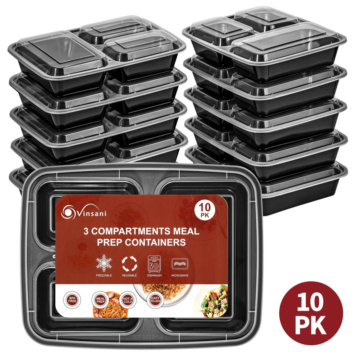 Vinsani 3 Compartment Meal Prep Containers with Leak-Resistant Lids, 32 oz, BPA-Free, Microwave, Freezer and Dishwasher Safe