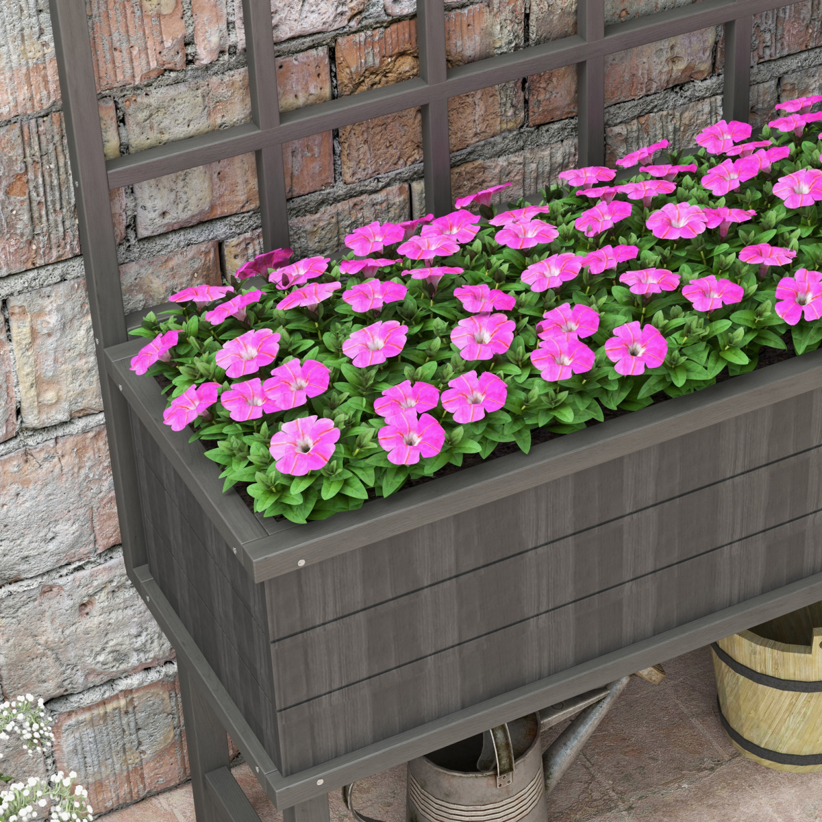 Outsunny Wood Raised Planter with Trellis, Drain Holes, Elevated Garden Bed, Grey