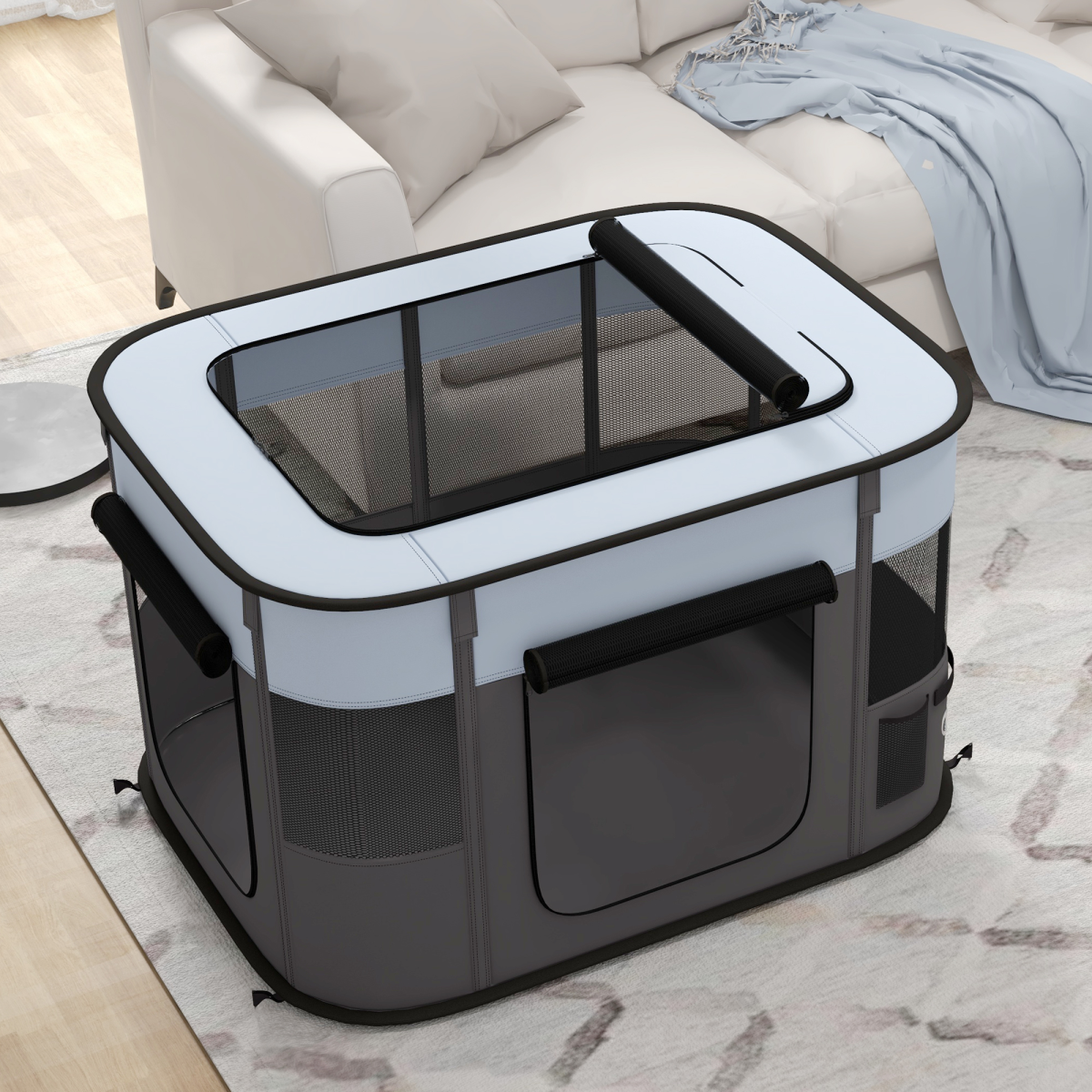 PawHut Foldable Portable Pet Pen with Mesh Windows, Grey