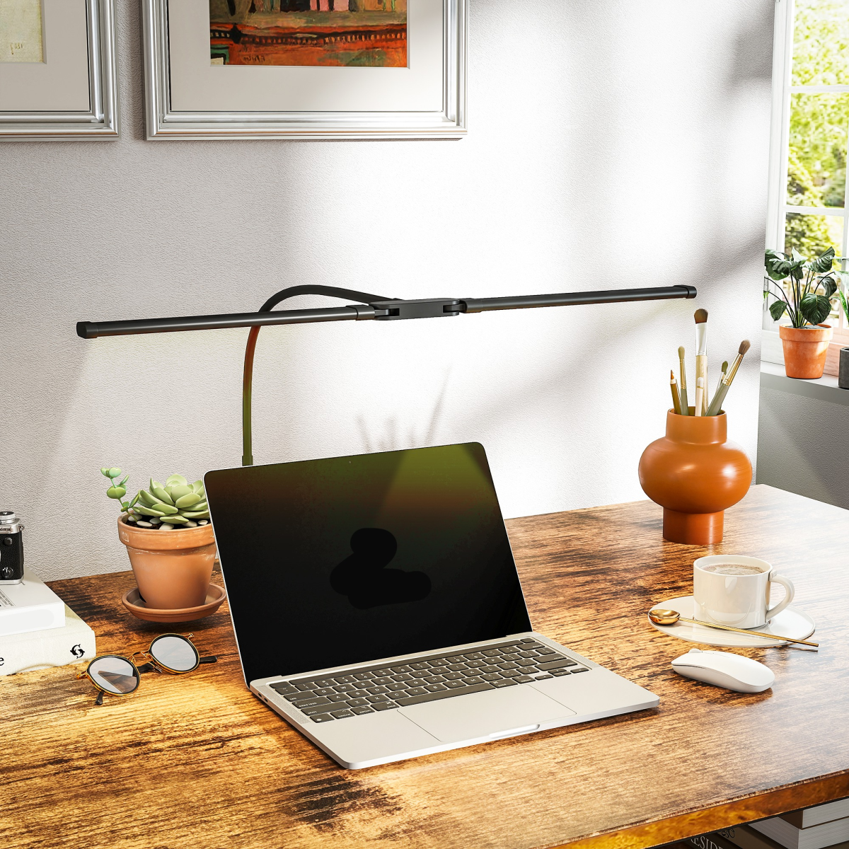 HOMCOM Double Head Dimmable Clamp Desk Lamp, 3 Colour Modes, Black