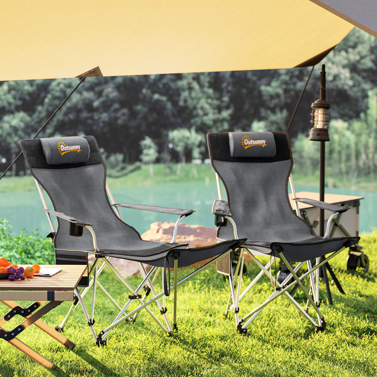 Outsunny Set of 2 Folding Reclining Camping Chairs with Footrest
