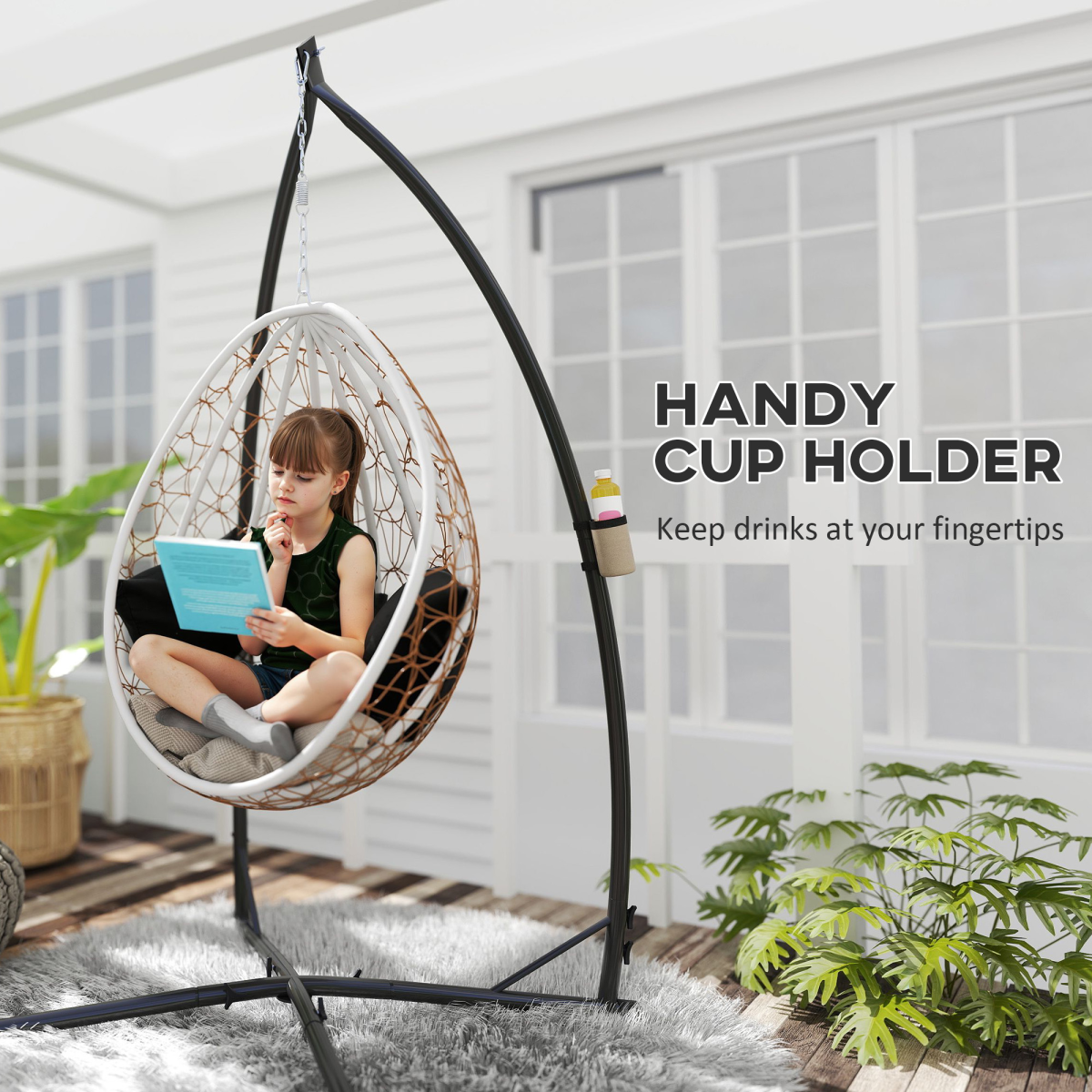 Outsunny Steel Hammock Chair Stand with Cup Holder, Black