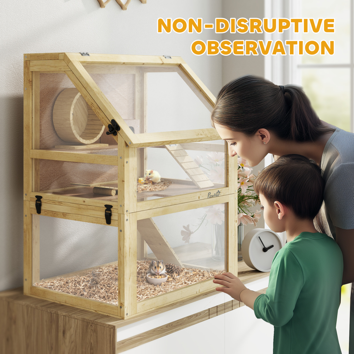 PawHut Wooden Hamster Cage with Detachable Bottom, Three-Layer Design, Hut and Seesaw, 60 x 40 x 75cm
