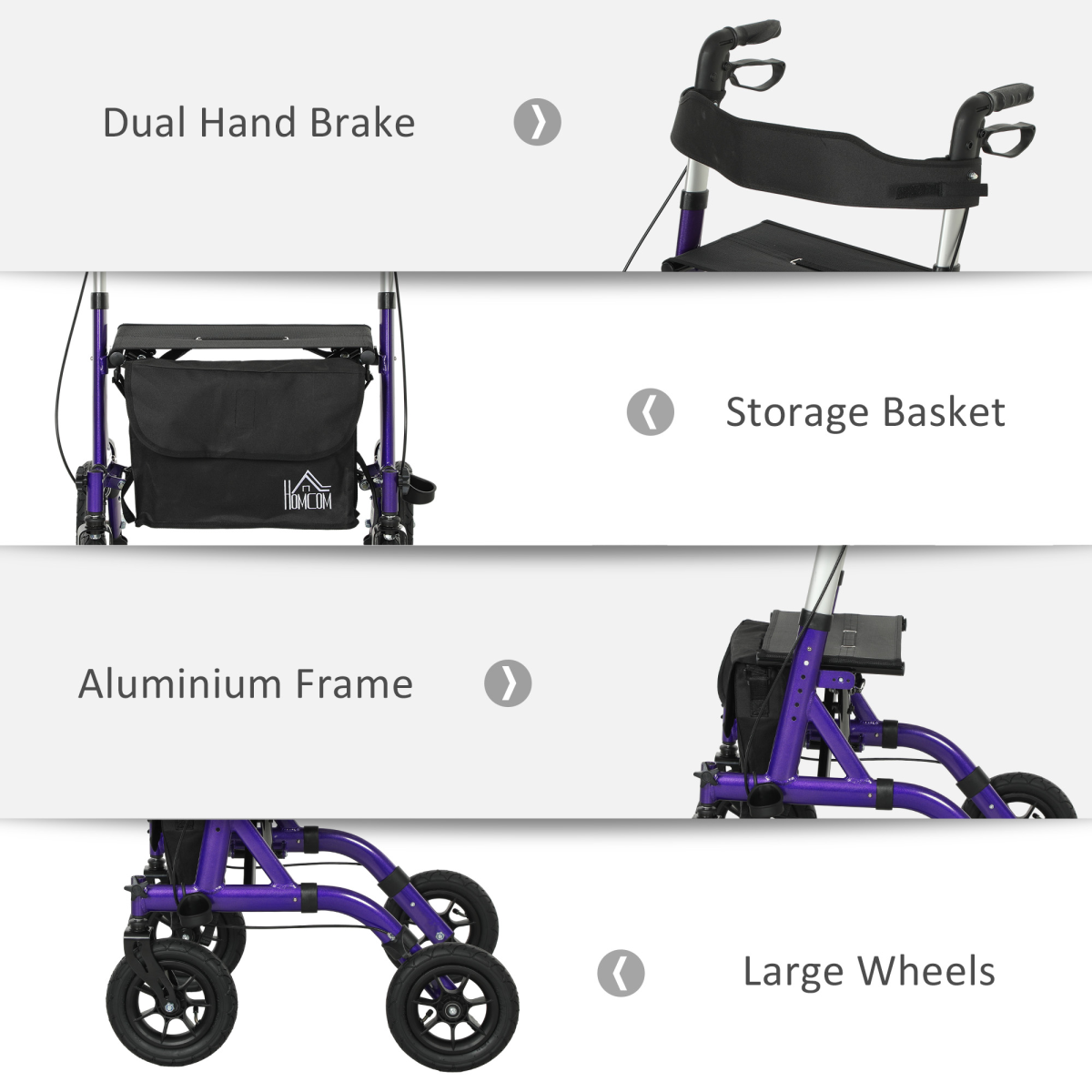 HOMCOM Rollator Walker with Seat, Brakes, Bag, All-Terrain Wheels