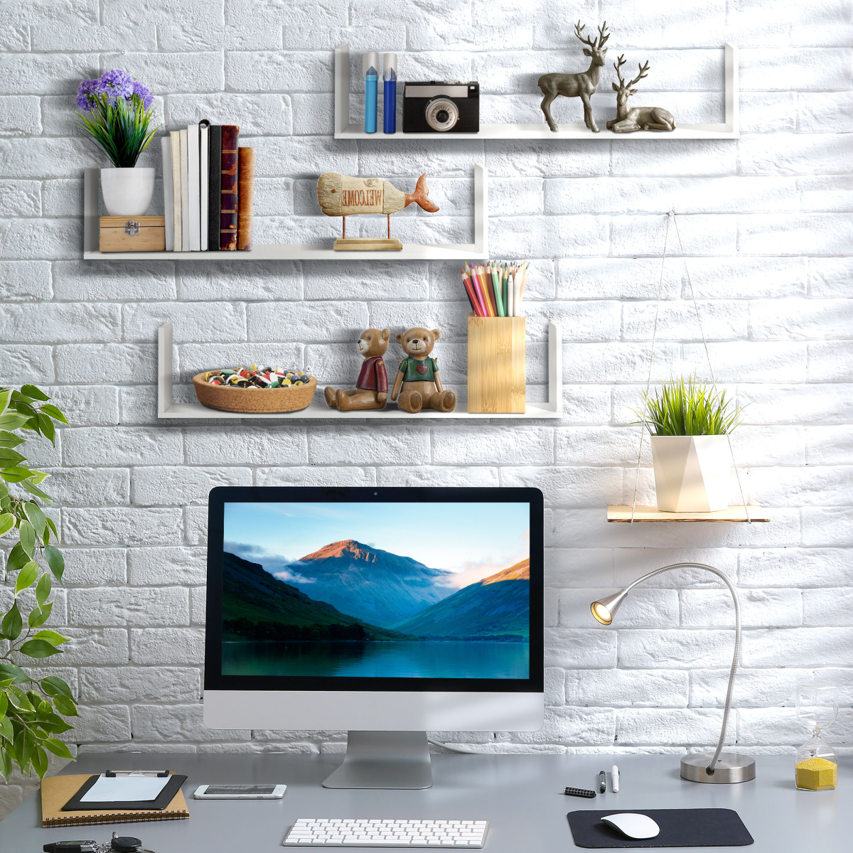 Set of 3 White Wooden Floating Wall Shelves Wall Mount Display Shelves