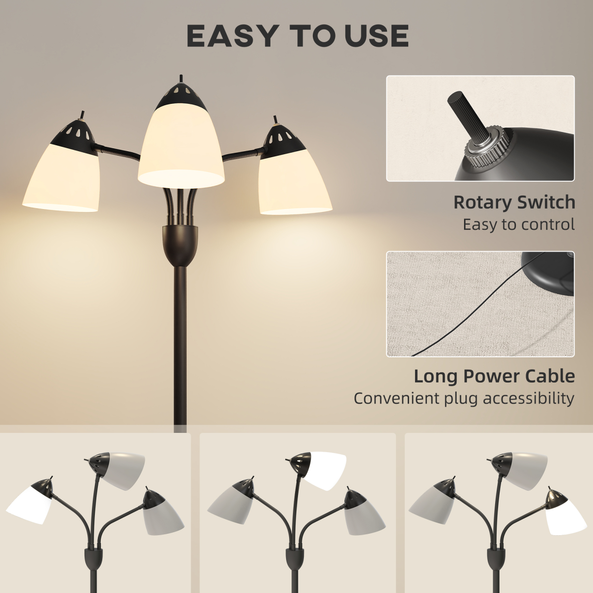 HOMCOM 3-Light Arc Tree Floor Lamp, Flexible Heads, Black, 3000K/4500K/6500K