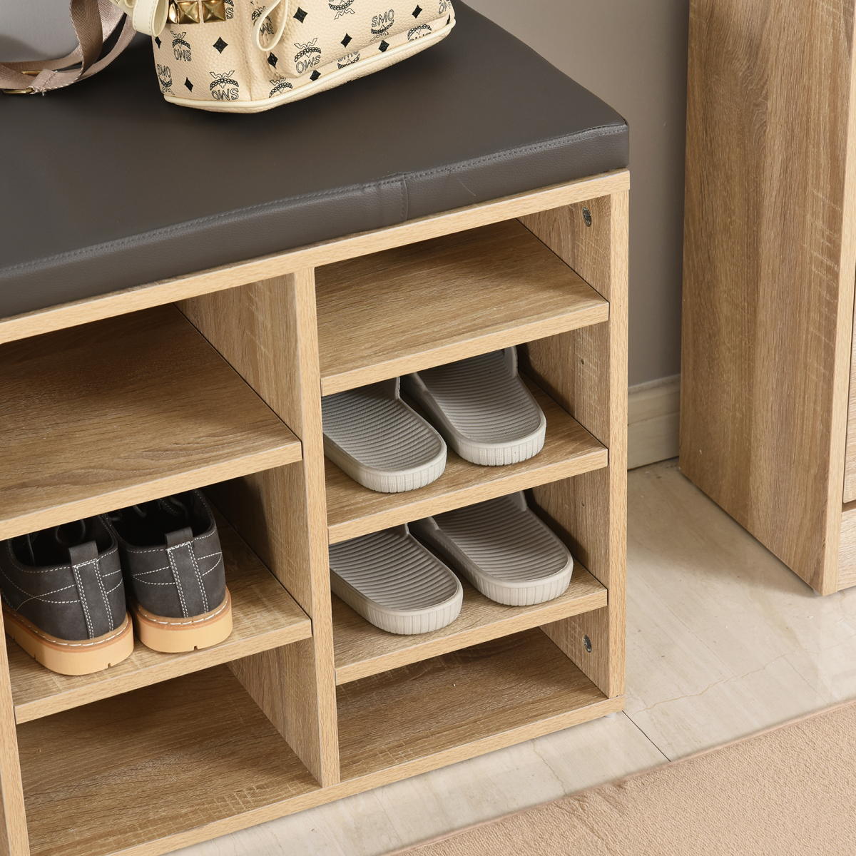 Multi-Storage Shoe Rack 14 Compartments Cushion Moving Shelves Brown