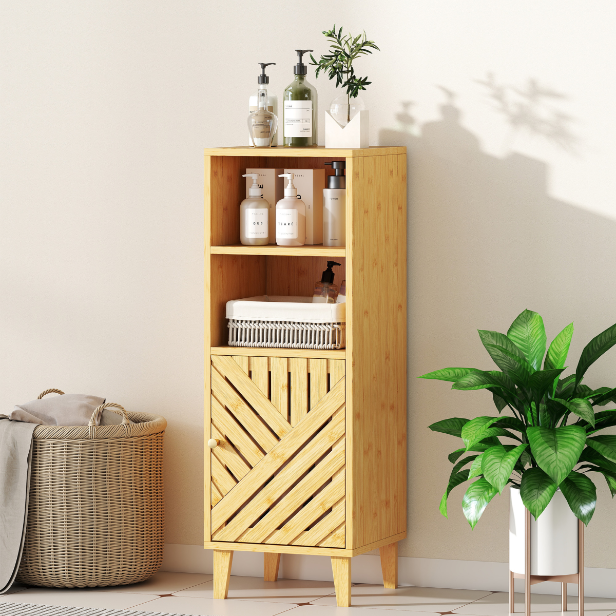 HOMCOM Narrow Bamboo Bathroom Storage Cabinet with Open Compartments